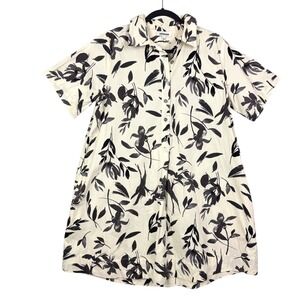 Vinton Large Women's Black Floral Print Button Down Cotton Shirt Dress Coastal